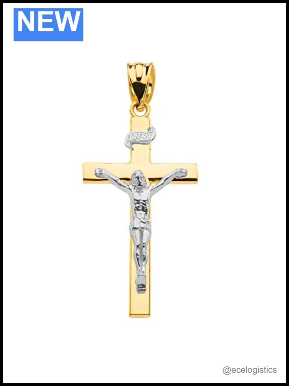 14K Two Tone Gold Linear Cross 1.15" INRI Crucifix Charm Pendant